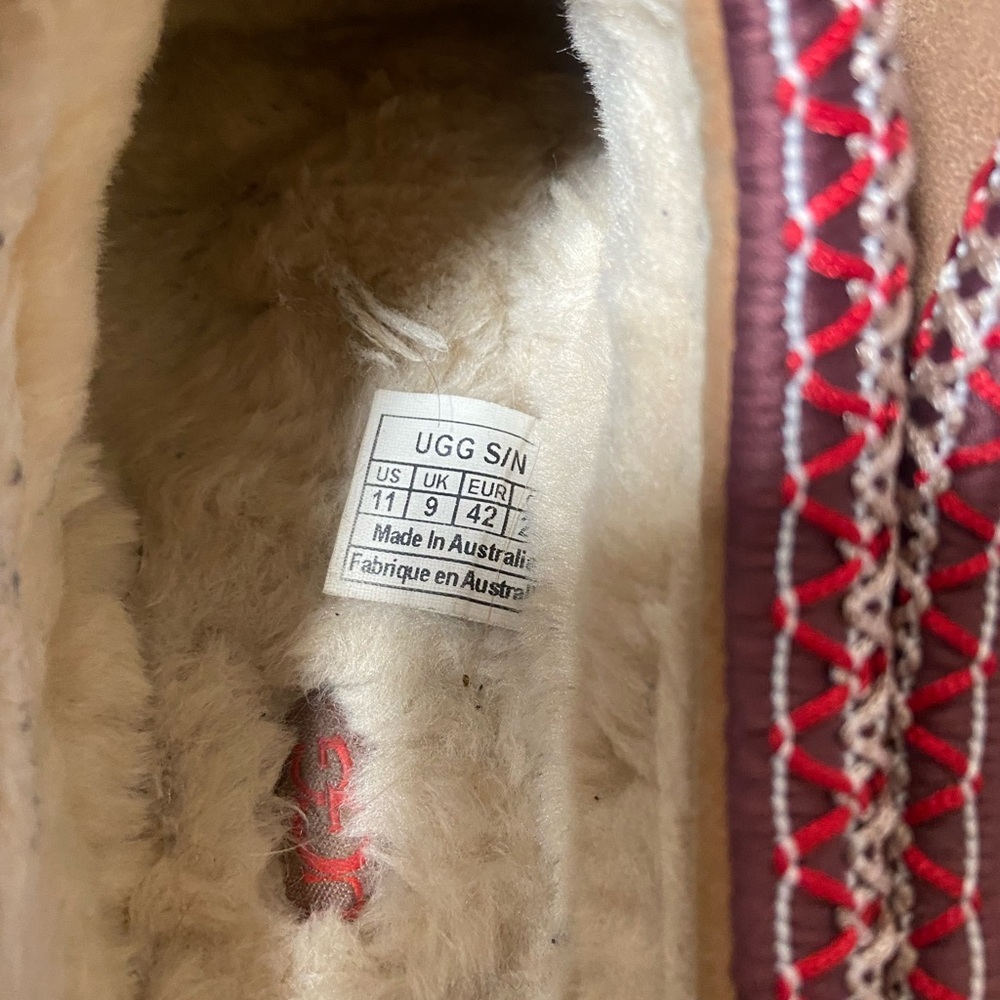 UGG Tan Tasman Suede Mule with Red Patterned Trim Size 11 - Picture 2 of 8